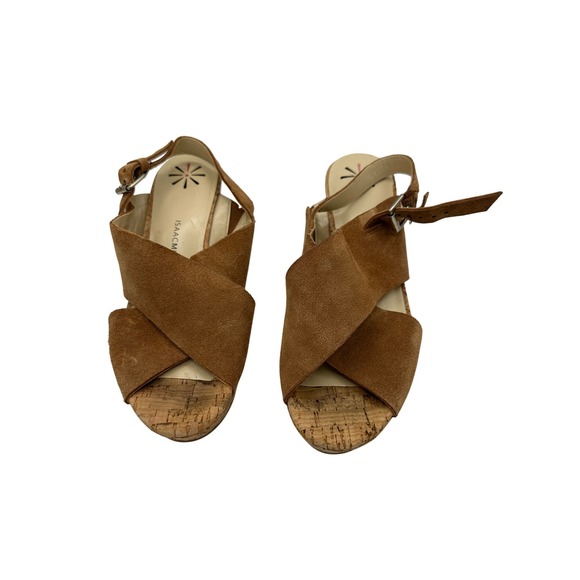 Isaac Mizrahi Live Brown Suede Criss Cross Cork Wedge Heel Ankle Strap Sandals - Picture 1 of 11
